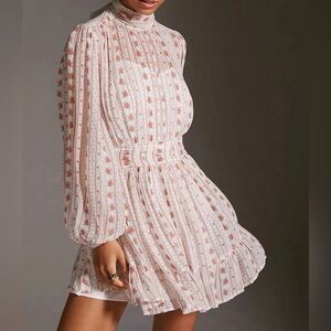 Let Me Be Anthropologie Sheer Pink Floral Back Tie Boho Mini Dress Size M